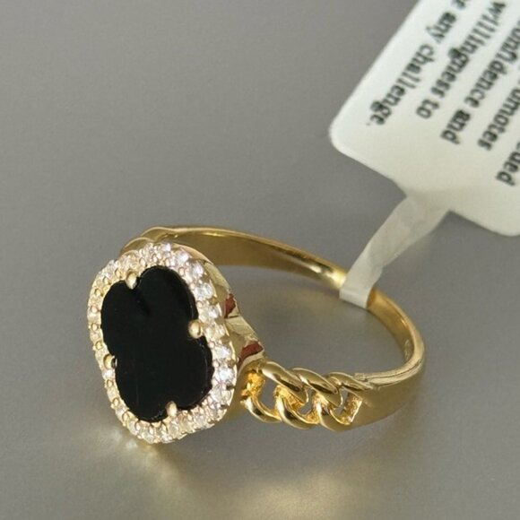 YS India 14k Gold Plated Sterling Siver 925 W CZ & Genuine Onyx Clover Ring Sz.8 - Picture 14 of 16